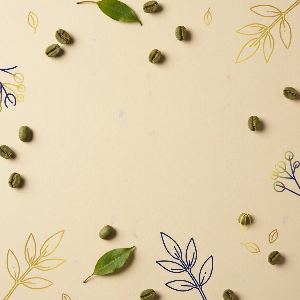 Botanical coffee wellness background with green coffee beans and leaves