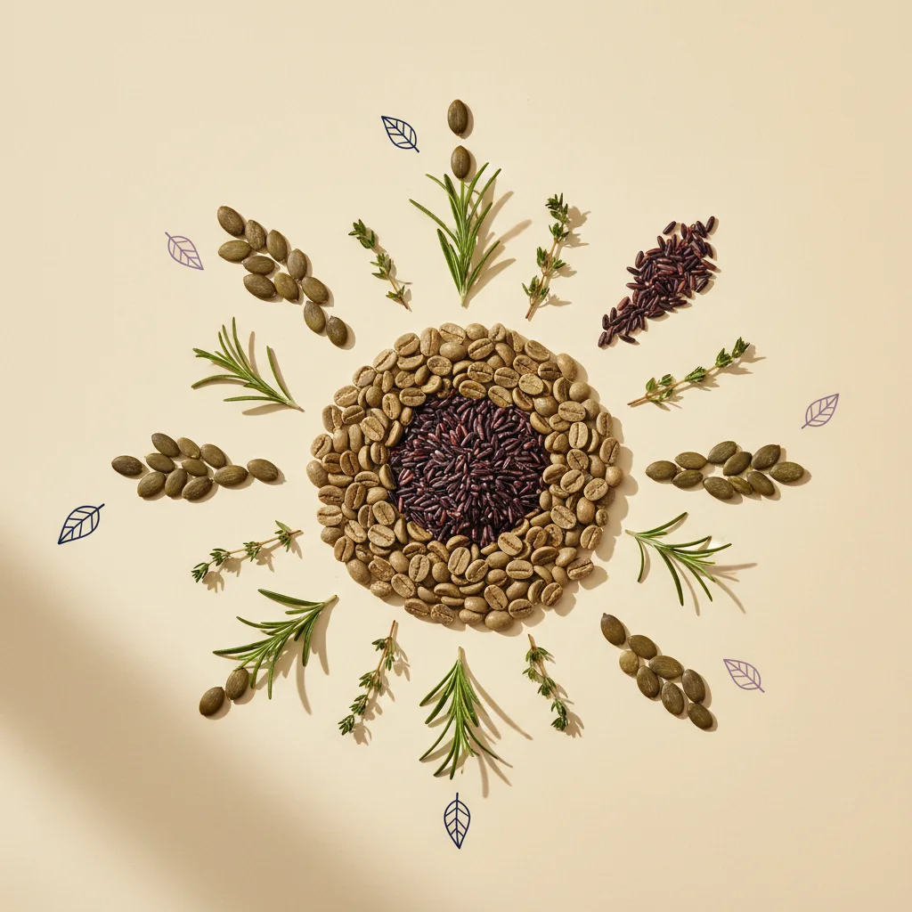 Flat-lay botanical ingredients: green coffee beans, pumpkin seeds, whole grains and herbs on a warm surface