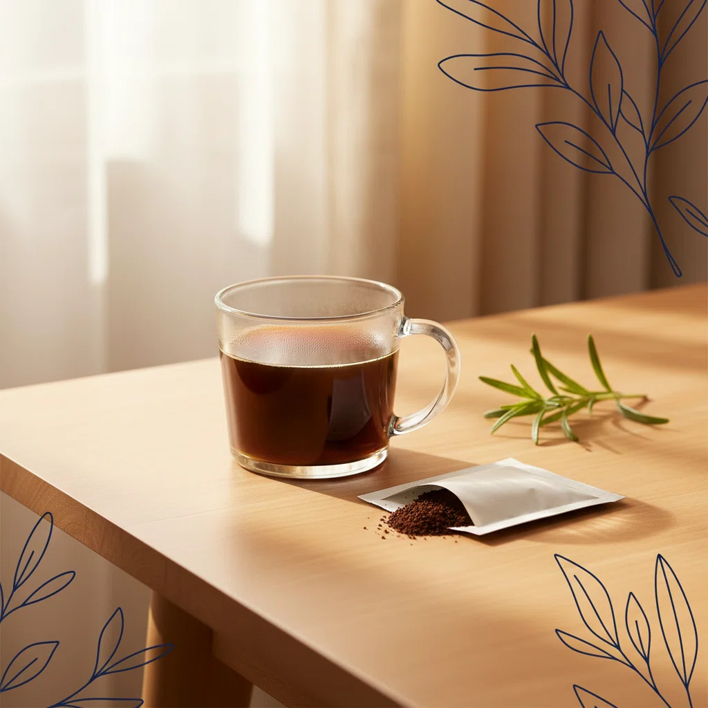 Morning wellness coffee ritual: glass mug, sachet and green herbs on a warm wooden table