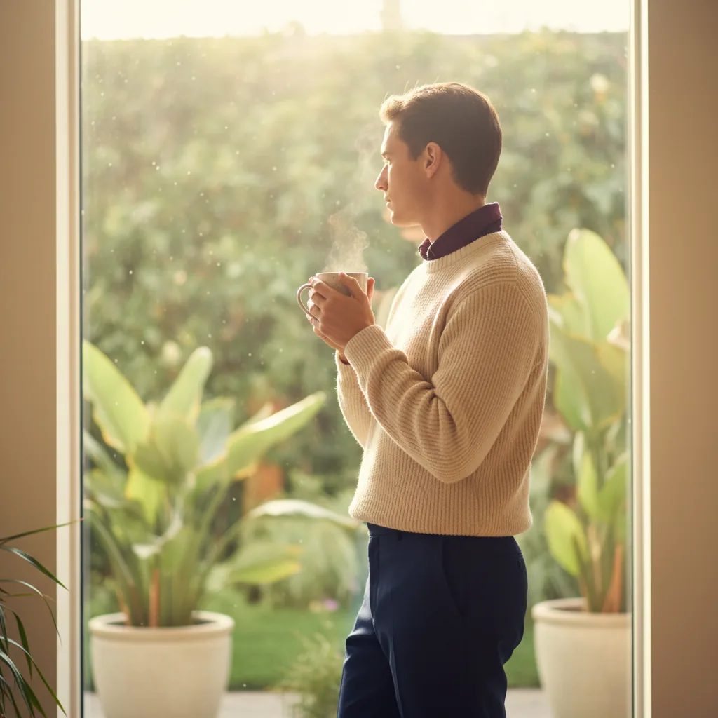 Anonymous person holding a warm coffee mug near a bright window